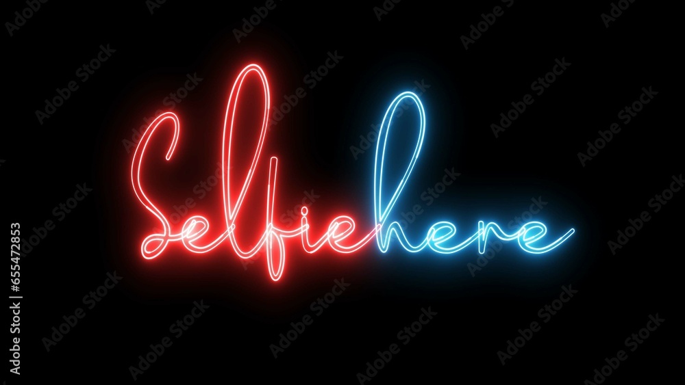 Poster selfie here text font with light. luminous and shimmering haze inside the letters of the text selfie