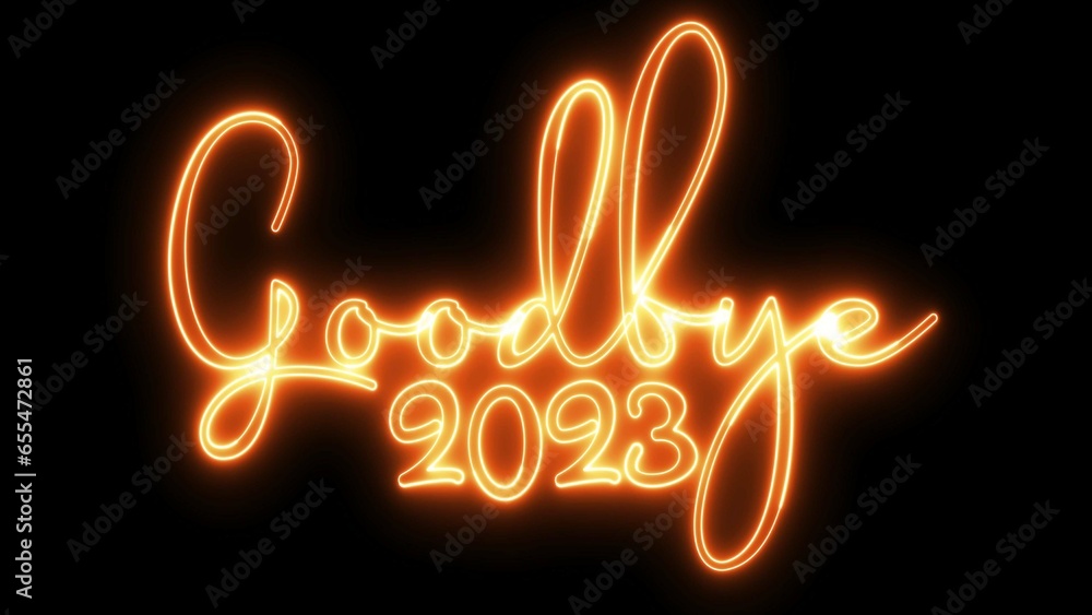 Poster goodbye 2023 text font with neon light. luminous and shimmering haze inside the letters of the text 