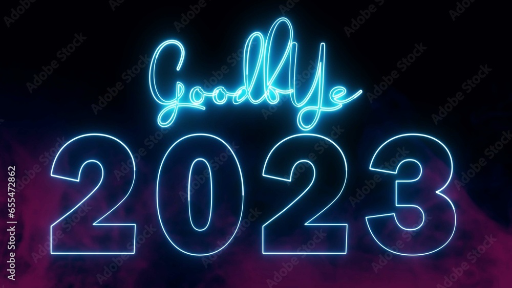 Poster goodbye 2023 text font with neon light. luminous and shimmering haze inside the letters of the text 