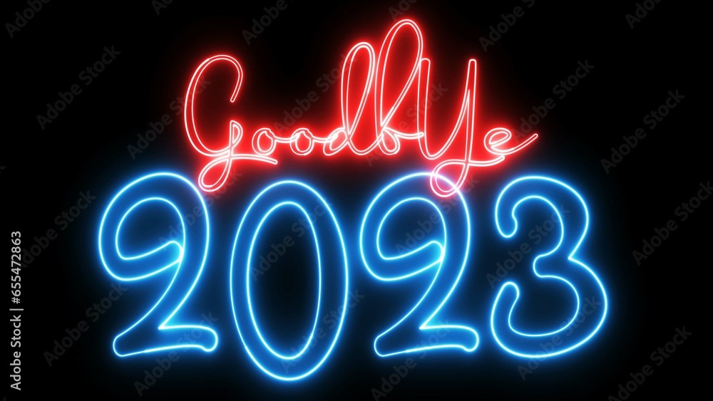 Poster goodbye 2023 text font with light. luminous and shimmering haze inside the letters of the text goodb