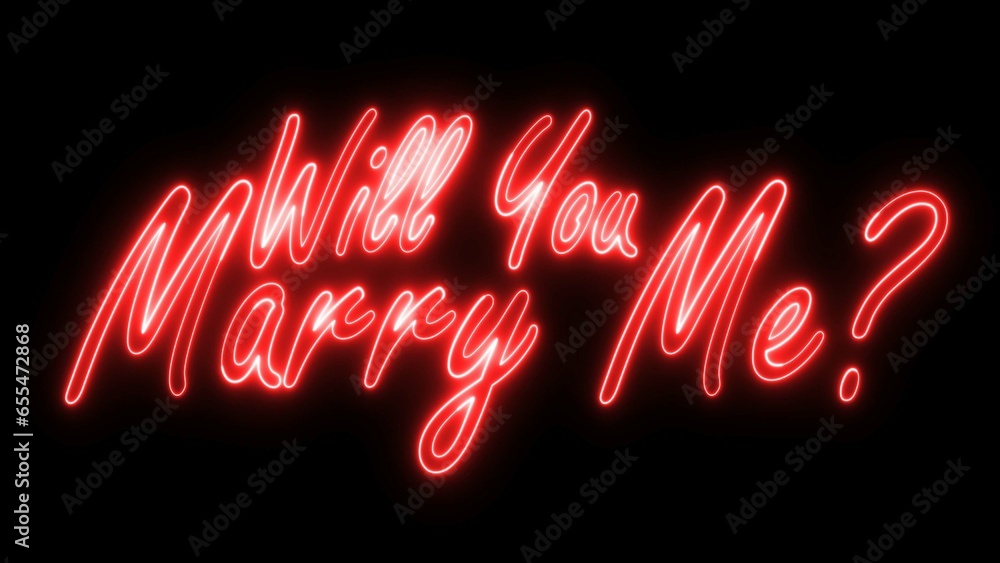 Poster will you marry me text font with neon light. luminous and shimmering haze inside the letters of the 