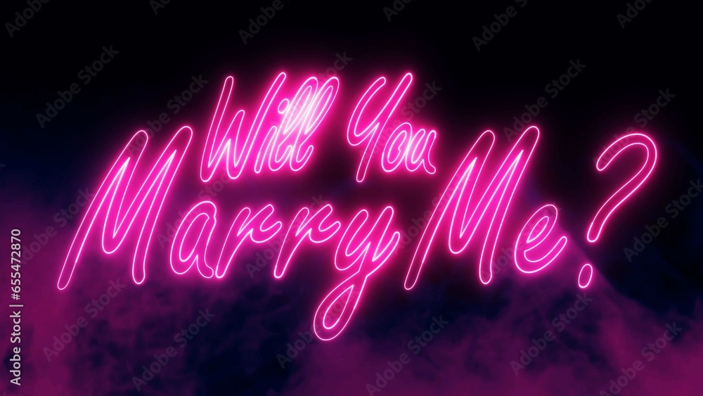Poster will you marry me text font with neon light. luminous and shimmering haze inside the letters of the 