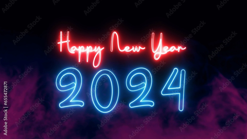 Aufkleber happy new year 2024 text font with light. luminous and shimmering haze inside the letters of the tex