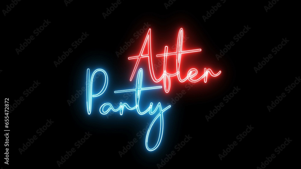 Poster after party text font with neon light. luminous and shimmering haze inside the letters of the text p