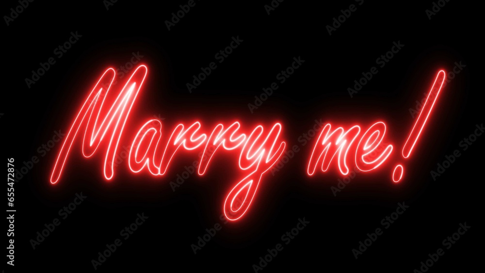 Poster marry me text font with neon light. luminous and shimmering haze inside the letters of the text marr