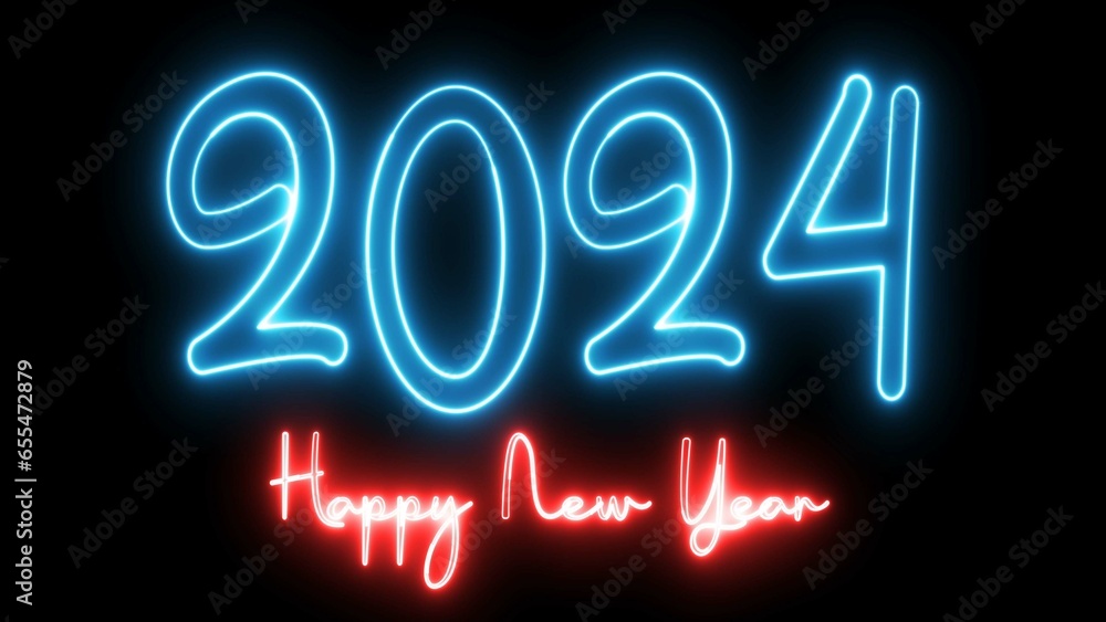Aufkleber happy new year 2024 text font with light. luminous and shimmering haze inside the letters of the tex