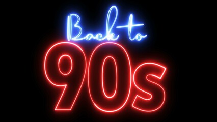 Back to 90's text font with neon light. Luminous and shimmering haze inside the letters of the text Back to 90s. 