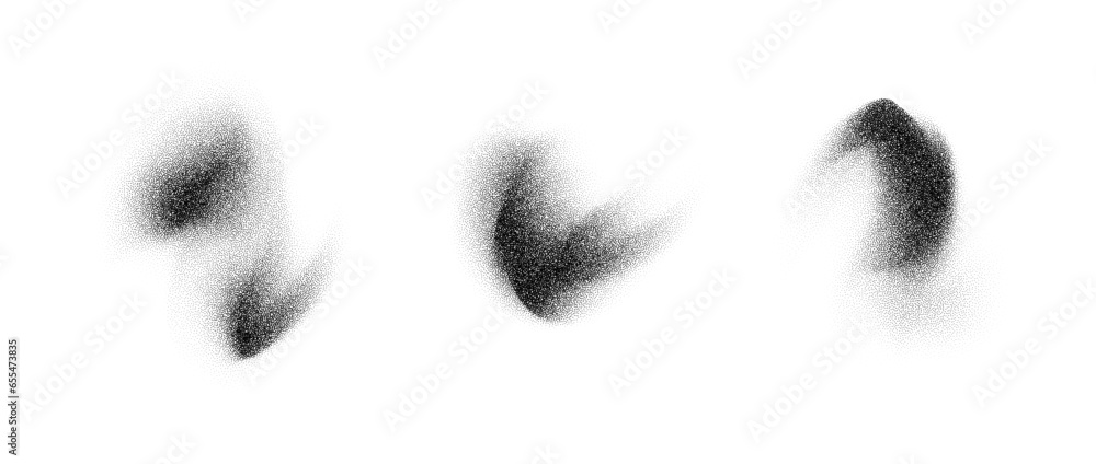 Poster Abstract textured smudge elements. Noise grain stippled gradient stains set. Black and white dotted spray and sand dust spots. Halftone splatter forms collection. Vector dot work splash shapes pack