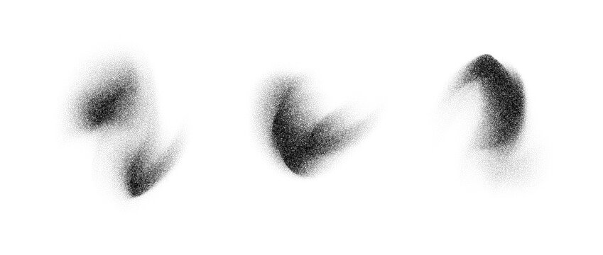 Abstract textured smudge elements. Noise grain stippled gradient stains set. Black and white dotted spray and sand dust spots. Halftone splatter forms collection. Vector dot work splash shapes pack