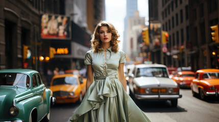 Fototapeta premium Generative AI, beautiful young woman dressed in 50s retro style with stylish hair stands on the street of old new york with cars, vintage fashion, feminine girl, designer dress, skirt, pin up