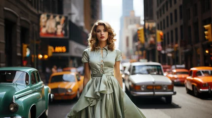 Fotobehang Generative AI, beautiful young woman dressed in 50s retro style with stylish hair stands on the street of old new york with cars, vintage fashion, feminine girl, designer dress, skirt, pin up © Julia Zarubina