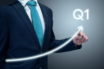 Businessman in suit drawing business growth data chart with diagram, report on company investment...