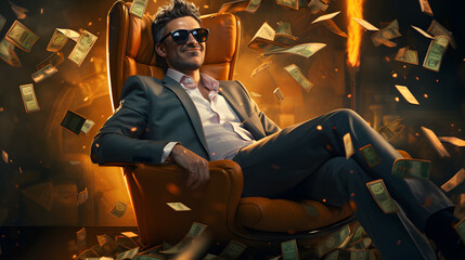 Confident entrepreneur in sunglasses smirks, surrounded by money falling from the sky. Money to burn or passive income concept. - obrazy, fototapety, plakaty
