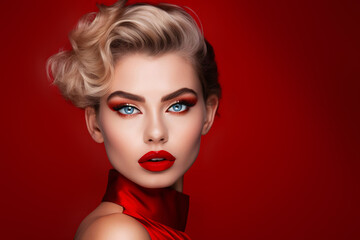 A close-up shot of a young woman with impeccably applied red lipstick, exuding glamour and sophistication against the red backdrop. Generative Ai - obrazy, fototapety, plakaty