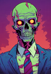 An illustration of a zombie head with a tie and eyes, in the style of colorful moebius.