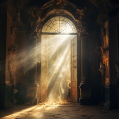  Sunlight through old open doors, entrance magical background. Cinematic, heaven gates slightly...