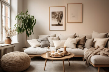 A Serene Living Room Haven: Cozy Scandinavian Interior with Minimalist Elegance, Natural Elements, and Inviting Scandinavian Textiles.