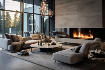 A Captivating Interior Photo of a Luxurious Living Room: Elegance in Silver, Stylish Design, and Cozy Ambiance with Sleek Silver Accents, Plush Sofa, and Floor-to-Ceiling Windows. - obrazy, fototapety, plakaty