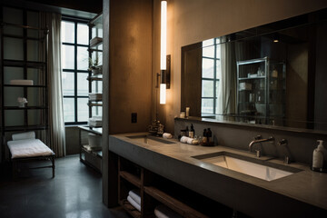 A Captivating Snapshot of a Modern Bathroom: Industrial Elegance with Concrete Countertops, Exposed Pipes, and a Sleek, Stylish, and Edgy Industrial-Inspired Design.