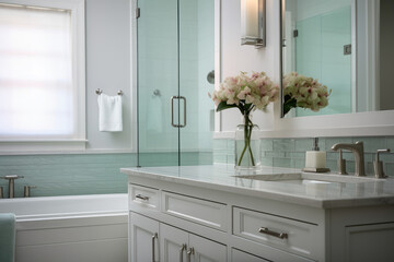 A Tranquil Bathroom Retreat: Serene Oasis with Refreshing Mint Accents, Sleek Fixtures, and Minimalistic Furniture, Creating a Stylish and Serene Atmosphere.