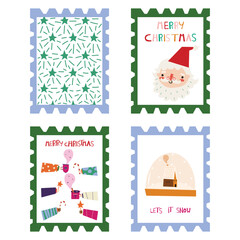 Set of postage stamps with a festive theme of winter holidays. Template of red ,green and blue frame stamps on a white background with Christmas elements. EPS 10 vector file