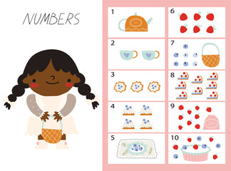 Learning numbers cards for babies. Cartoon count cards set for preschoolers and toddlers. Learning arithmetic for kids.