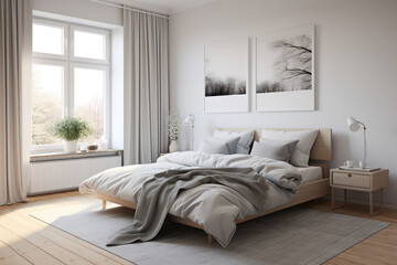 A Spacious and Serene Scandinavian Minimalist Bedroom: Elegantly Organized with Calming Accents, Light Tones, and Natural Wood for Tranquility.