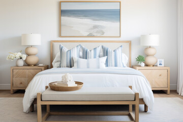 A Serene Coastal Haven: Tranquil Bedroom Interior with Beachy Accents, Rustic Wood Furniture, Soft Natural Light, and Nautical Decor, Creating a Relaxing Seaside Atmosphere.