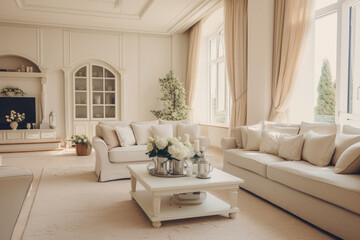 A Cozy and Elegant Living Room Interior with Cream and Beige Colors, Perfect for Relaxation and Entertaining Guests, Featuring Stylish Furniture, Modern Fireplace, Spacious Seating, Natural Lighting