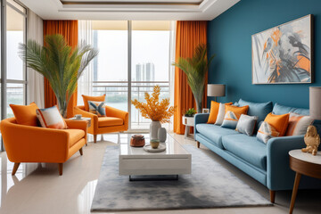 A Captivating Blend of Blue and Orange Colors Creates an Inviting and Vibrant Living Room Interior with Stylish Furniture and Cozy Ambiance