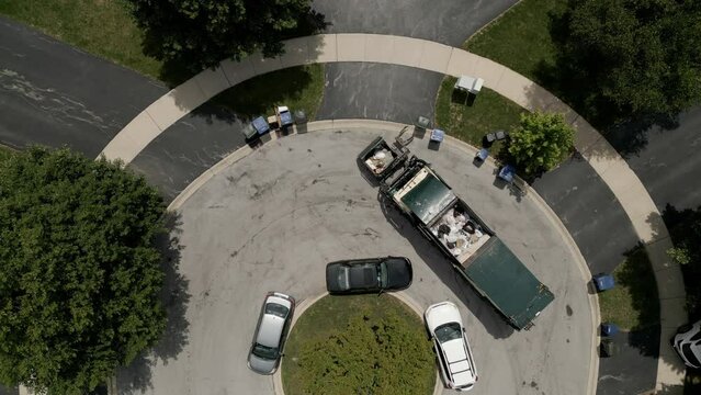 Aerial drone view of garbage collection for recyclable materials.