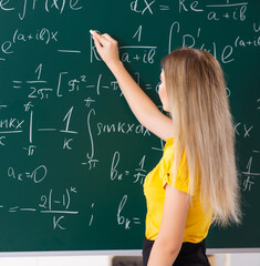 Young female student in front of the chalkboard