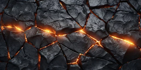 Fotobehang Molten lava texture background. Ground hot lava. Burning coals, crack surface. Abstract nature pattern, glow faded flame. 3D Render Illustration © Artem
