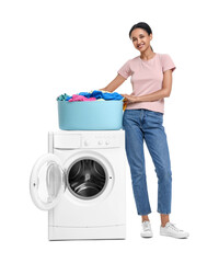 Beautiful woman with laundry basket near washing machine on white background