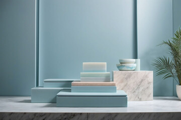 Beautiful minimalistic light blue and white marble background for product presentation with podiums on different tiers.