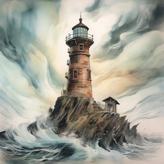 3d illustration lighthouse sea watercolor artwork