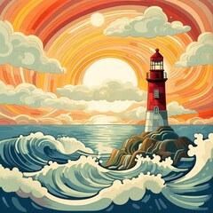 3d illustration lighthouse sea watercolor artwork