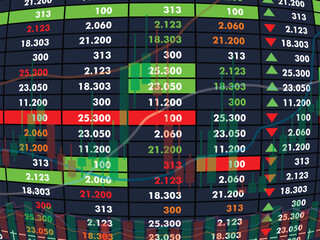 Fototapeta premium Screen display of economic stock trading charts complete with up and down percentage figures