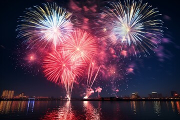 Fototapeta na wymiar fireworks over the river, Generative AI