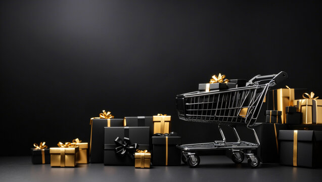 shopping cart and black gift boxes red ribbon on black background, backdrop copy space
