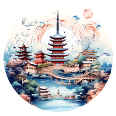Elaborate Japan Travel Concept Illustration Isolated on Transparent or White Background, PNG