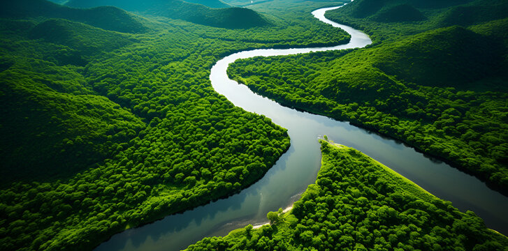 An aerial view of 2 rivers combining in a lush valley. 