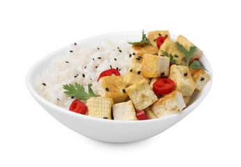 Bowl of rice with fried tofu, chili pepper and parsley isolated on white
