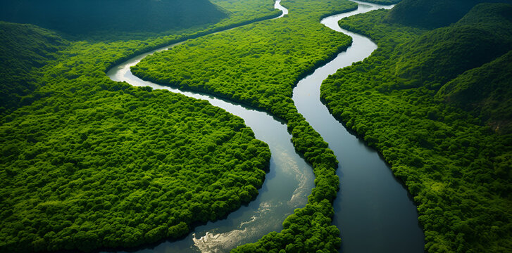 An areal view of a lush landscape with a river snaking through a valley. 