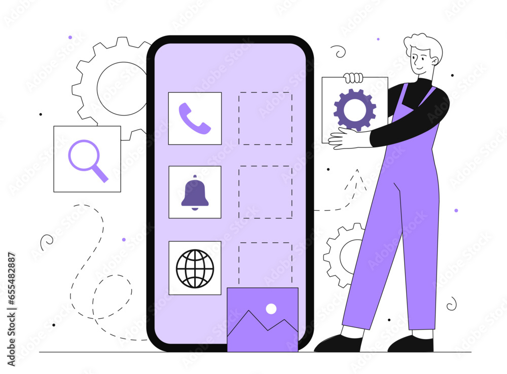Poster man with mobile application service vector line