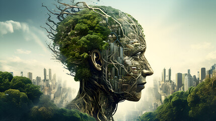 an image of a person's head posing with tree roots on it, in the style of futuristic cityscapes, technological marvels, detailed nature depictions, and environmental awareness.