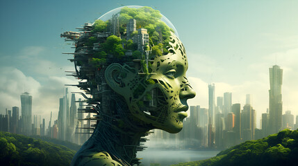 an image of a person's head posing with tree roots on it, in the style of futuristic cityscapes, technological marvels, detailed nature depictions, and environmental awareness.