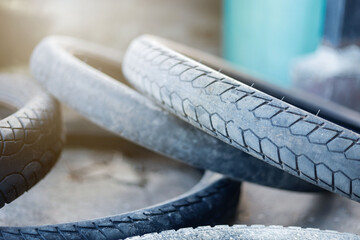 Old motorcycle tires that are no longer used are recycled for factory waste disposal.
