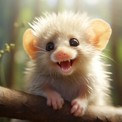 Fototapeta na wymiar A Cute Smiling Baby Possum Backlit by Bright Sunlight