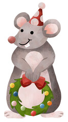Watercolor Christmas Rat Wearing Santa hat and holding Christmas wreath